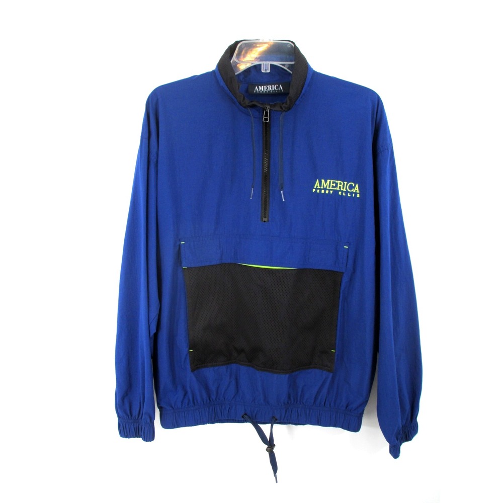 Vintage PERRY ELLIS AMERICA Pullover Windbreaker Men Small Blue Big Logo Y2K